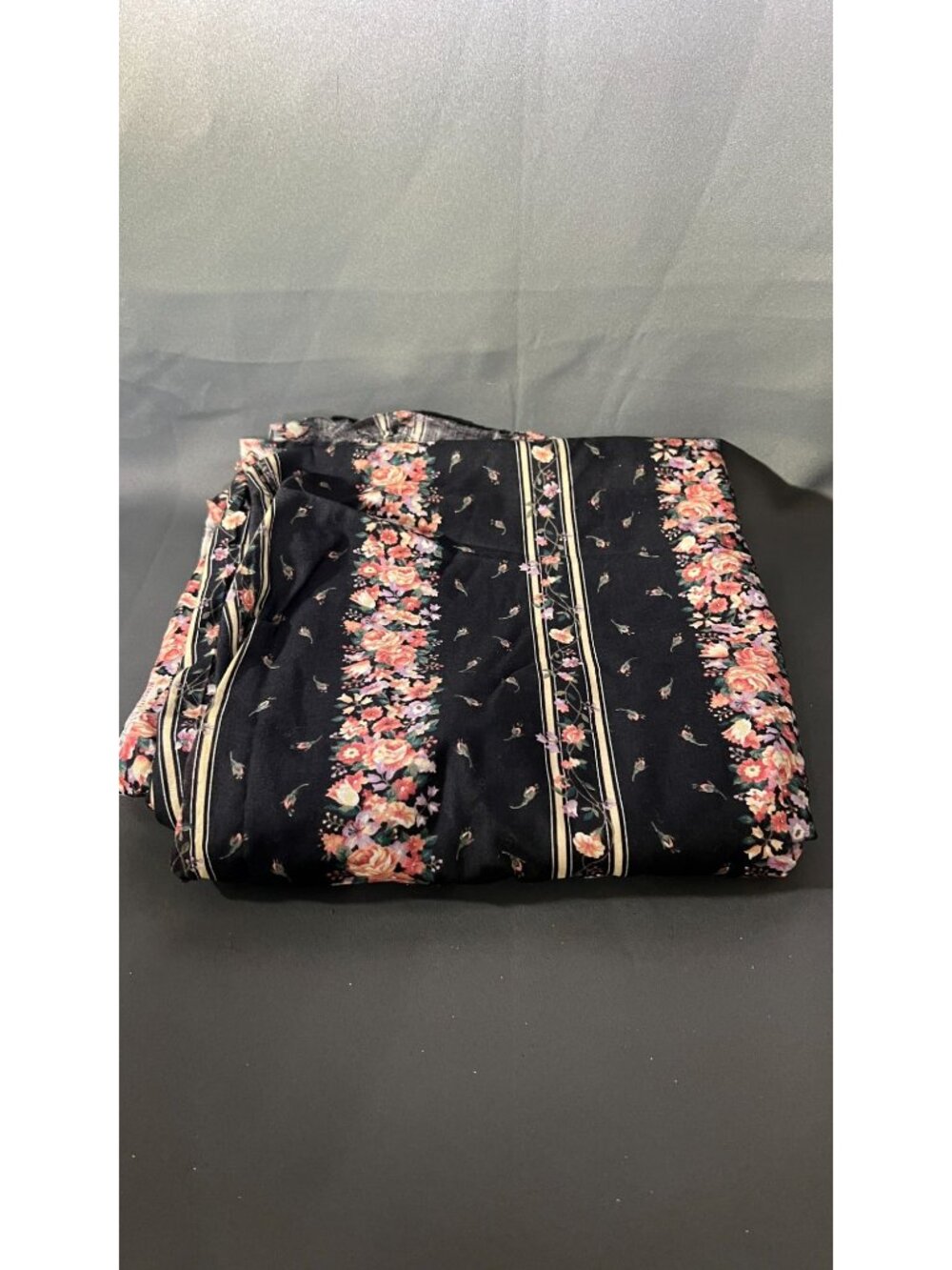 2+ yards Floral Print Black Fabric With Vintage Charm & Subtle Stripes
